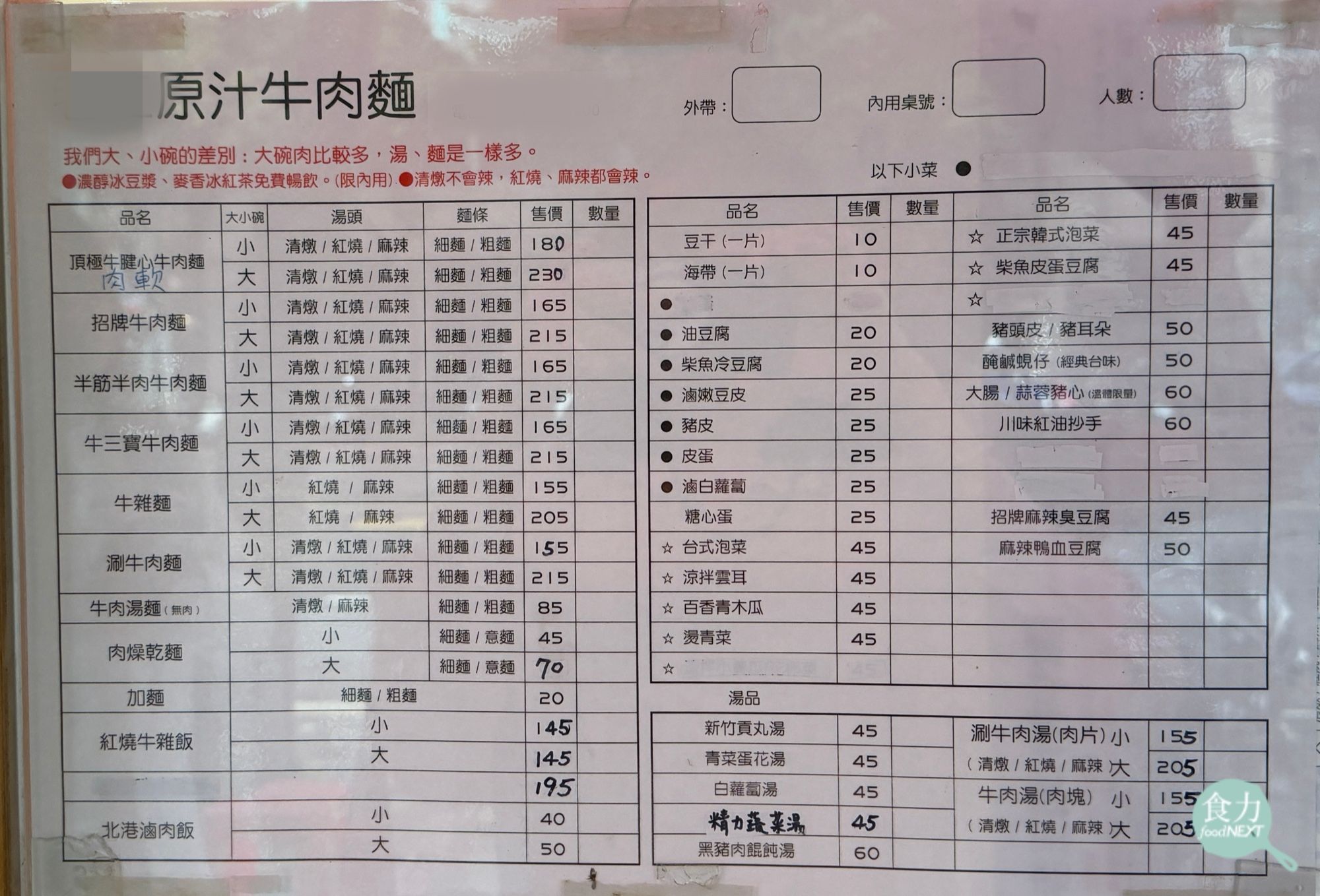 《食力》走訪3家不同店名的牛肉麵店,菜單從餐點品項、表格編排到提醒文字都高度相似,僅價格與部分品項有所差異。(林玉婷攝)