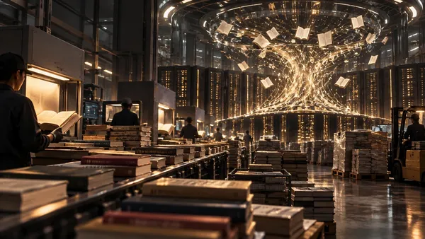 AI 書籍工廠：倉儲工人整理書籍，數據漩渦中書頁飛舞