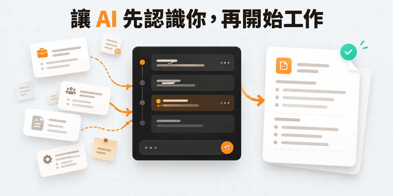 多張工作資訊卡經訪談面板整理，匯聚成帶有完成標記的工作背景文件。