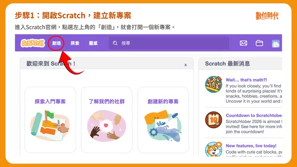 Scratch步驟1：開啟Scratch，建立新專案