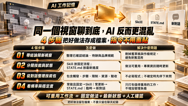  同一個視窗聊到底，讓 AI 愈來愈笨？4 步驟存成檔案、指令免重貼，5 組提示詞直接複製